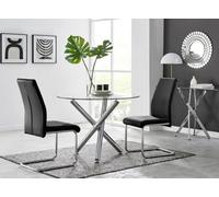 FurnitureboxUK Selina Round Glass & Chrome Metal Dining Table & Lorenzo Chairs Set in Black | Size: 2 Person FurnitureboxUK Black 2 Person