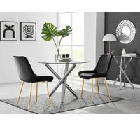 FurnitureboxUK Selina Round Glass Chrome Leg Dining Table & Pesaro Gold Leg Chairs in Black | Size: 2 Person FurnitureboxUK Black 2 Person