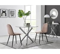 FurnitureboxUK Selina Round Glass Chrome Leg Dining Table & 2 Corona Black Leg Chairs in Beige | Size: 2 Person FurnitureboxUK Beige 2 Person