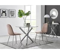 FurnitureboxUK Selina Round Glass Chrome Leg Dining Table & Corona Silver Leg Chairs in Beige | Size: 2 Person FurnitureboxUK Beige 2 Person