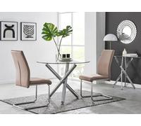 FurnitureboxUK Selina Round Glass & Chrome Metal Dining Table & Lorenzo Chairs Set in Beige | Size: 2 Person FurnitureboxUK Beige 2 Person
