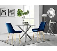FurnitureboxUK Selina Round Glass Chrome Leg Dining Table & Pesaro Gold Leg Chairs in Navy | Size: 2 Person FurnitureboxUK Navy 2 Person