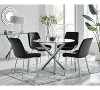FurnitureboxUK Selina Round Glass Chrome Leg Dining Table & Pesaro Silver Leg Chairs in Black | Size: 4 Person FurnitureboxUK Black 4 Person