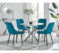 FurnitureboxUK Selina Round Glass Chrome Leg Dining Table & Pesaro Black Leg Chairs in Blue | Size: 4 Person FurnitureboxUK Blue 4 Person