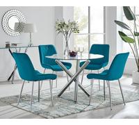 FurnitureboxUK Selina Round Glass Chrome Leg Dining Table & Pesaro Silver Leg Chairs in Blue | Size: 4 Person FurnitureboxUK Blue 4 Person