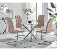 FurnitureboxUK Selina Round Glass Chrome Leg Dining Table & Murano Chairs in Beige | Size: 4 Person FurnitureboxUK Beige 4 Person