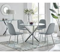 FurnitureboxUK Selina Round Glass Chrome Leg Dining Table & Corona Silver Leg Chairs in Grey | Size: 4 Person FurnitureboxUK Grey 4 Person