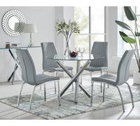 FurnitureboxUK Selina Round Glass Chrome Leg Dining Table & Isco Chairs in Grey | Size: 4 Person FurnitureboxUK Grey 4 Person
