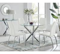 FurnitureboxUK Selina Round Glass Chrome Leg Dining Table & Isco Chairs in Off-White | Size: 4 Person FurnitureboxUK Off-White 4 Person