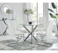 FurnitureboxUK Selina Round Glass & Chrome Metal Dining Table & Lorenzo Chairs Set in Off-White | Size: 4 Person FurnitureboxUK Off-White 4 Person