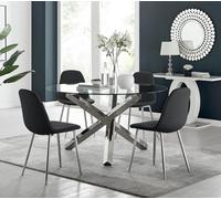 Furniturebox Uk Vogue Large Round Chrome Metal Clear Glass Dining Table And 4 Black Corona Silver Dining Chairs Set