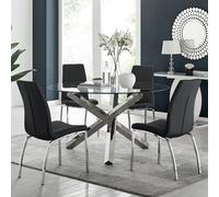 Furniturebox Uk Vogue Large Round Chrome Metal Clear Glass Dining Table And 4 Black Isco Dining Chairs Set