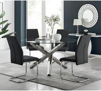 Furniturebox Uk Vogue Large Round Chrome Metal Clear Glass Dining Table And 4 Black Lorenzo Dining Chairs Set