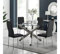 Furniturebox Uk Vogue Large Round Chrome Metal Clear Glass Dining Table And 4 Black Milan Dining Chairs Set