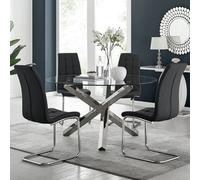 Furniturebox Uk Vogue Large Round Chrome Metal Clear Glass Dining Table And 4 Black Murano Dining Chairs Set