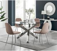 Furniturebox Uk Vogue Large Round Chrome Metal Clear Glass Dining Table And 4 Cappuccino Beige Corona Silver Dining Chairs Set
