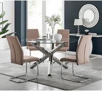 Furniturebox Uk Vogue Large Round Chrome Metal Clear Glass Dining Table And 4 Cappuccino Beige Lorenzo Dining Chairs Set