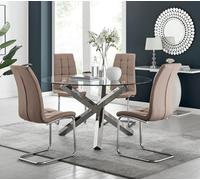 Furniturebox Uk Vogue Large Round Chrome Metal Clear Glass Dining Table And 4 Cappuccino Beige Murano Dining Chairs Set