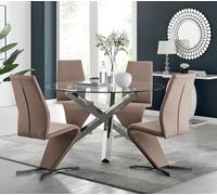 Furniturebox Uk Vogue Large Round Chrome Metal Clear Glass Dining Table And 4 Cappuccino Beige Willow Dining Chairs Set