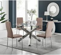 Furniturebox Uk Vogue Large Round Chrome Metal Clear Glass Dining Table And 4 Cappuccino Milan Dining Chairs Set