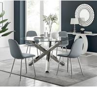 Furniturebox Uk Vogue Large Round Chrome Metal Clear Glass Dining Table And 4 Elephant Grey Corona Silver Dining Chairs Set