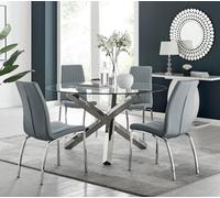 Furniturebox Uk Vogue Large Round Chrome Metal Clear Glass Dining Table And 4 Elephant Grey Isco Dining Chairs Set