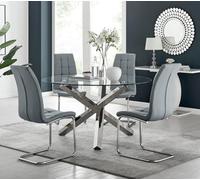 Furniturebox Uk Vogue Large Round Chrome Metal Clear Glass Dining Table And 4 Elephant Grey Murano Dining Chairs Set