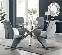 Furniturebox Uk Vogue Large Round Chrome Metal Clear Glass Dining Table And 4 Elephant Grey Willow Dining Chairs Set