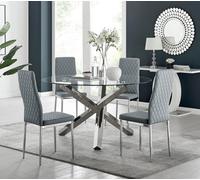 Furniturebox Uk Vogue Large Round Chrome Metal Clear Glass Dining Table And 4 Grey Milan Dining Chairs Set
