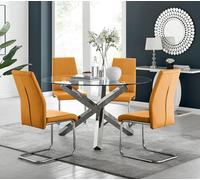 Furniturebox Uk Vogue Large Round Chrome Metal Clear Glass Dining Table And 4 Mustard Lorenzo Dining Chairs Set
