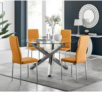 Furniturebox Uk Vogue Large Round Chrome Metal Clear Glass Dining Table And 4 Mustard Milan Dining Chairs Set