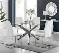 Furniturebox Uk Vogue Large Round Chrome Metal Clear Glass Dining Table And 4 White Lorenzo Dining Chairs Set