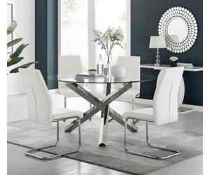 Furniturebox Uk Vogue Large Round Chrome Metal Clear Glass Dining Table And 4 White Lorenzo Dining Chairs Set