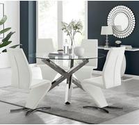 Furniturebox Uk Vogue Large Round Chrome Metal Clear Glass Dining Table And 4 White Willow Dining Chairs Set