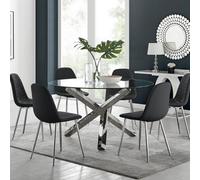 Furniturebox Uk Vogue Large Round Chrome Metal Clear Glass Dining Table And 6 Black Corona Silver Dining Chairs Set
