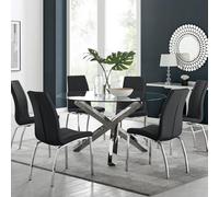 Furniturebox Uk Vogue Large Round Chrome Metal Clear Glass Dining Table And 6 Black Isco Dining Chairs Set