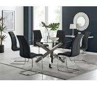 Furniturebox Uk Vogue Large Round Chrome Metal Clear Glass Dining Table And 6 Black Murano Dining Chairs Set