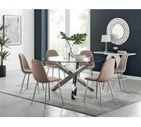 Furniturebox Uk Vogue Large Round Chrome Metal Clear Glass Dining Table And 6 Cappuccino Beige Corona Silver Dining Chairs Set