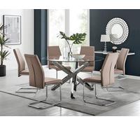 Furniturebox Uk Vogue Large Round Chrome Metal Clear Glass Dining Table And 6 Cappuccino Beige Lorenzo Dining Chairs Set