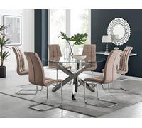 Furniturebox Uk Vogue Large Round Chrome Metal Clear Glass Dining Table And 6 Cappuccino Beige Murano Dining Chairs Set