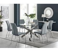 Furniturebox Uk Vogue Large Round Chrome Metal Clear Glass Dining Table And 6 Elephant Grey Isco Dining Chairs Set