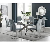 Furniturebox Uk Vogue Large Round Chrome Metal Clear Glass Dining Table And 6 Elephant Grey Lorenzo Dining Chairs Set
