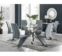 Furniturebox Uk Vogue Large Round Chrome Metal Clear Glass Dining Table And 6 Elephant Grey Willow Dining Chairs Set