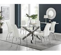 Furniturebox Uk Vogue Large Round Chrome Metal Clear Glass Dining Table And 6 White Isco Dining Chairs Set