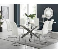 Furniturebox Uk Vogue Large Round Chrome Metal Clear Glass Dining Table And 6 White Murano Dining Chairs Set