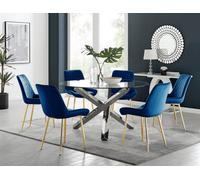 Furniturebox Uk Vogue Round Dining Table And 6 Navy Pesaro Gold Leg Chairs