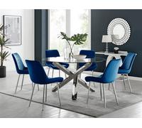Furniturebox Uk Vogue Round Dining Table And 6 Navy Pesaro Silver Leg Chairs
