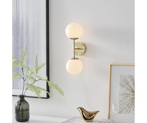 Furniturebox UK Wall Light - Martha - Wall Mounted Light Fixture - 2X Round Frosted Glass Globe Shades Brass Accents - Modern Meets Vintage Retro Lighting for Living Rooms Bedrooms Dining Rooms