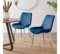 2x Pesaro Upholstered Velvet Silver Leg Modern Luxury Kitchen Dining Room Chairs - Blue