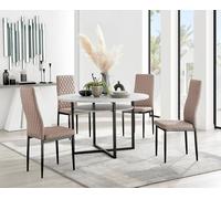 Furnitureboxuk Adley Grey Concrete Effect And Black Round Dining Table With Shelf And 4 Faux Leather Milan Dining Chairs In Beige Beige